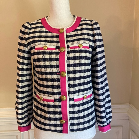 JCREW Navy Blue White Pink Gingham Check Plaid Ribbon Trim Lady Jacket Blazer - Picture 10 of 11